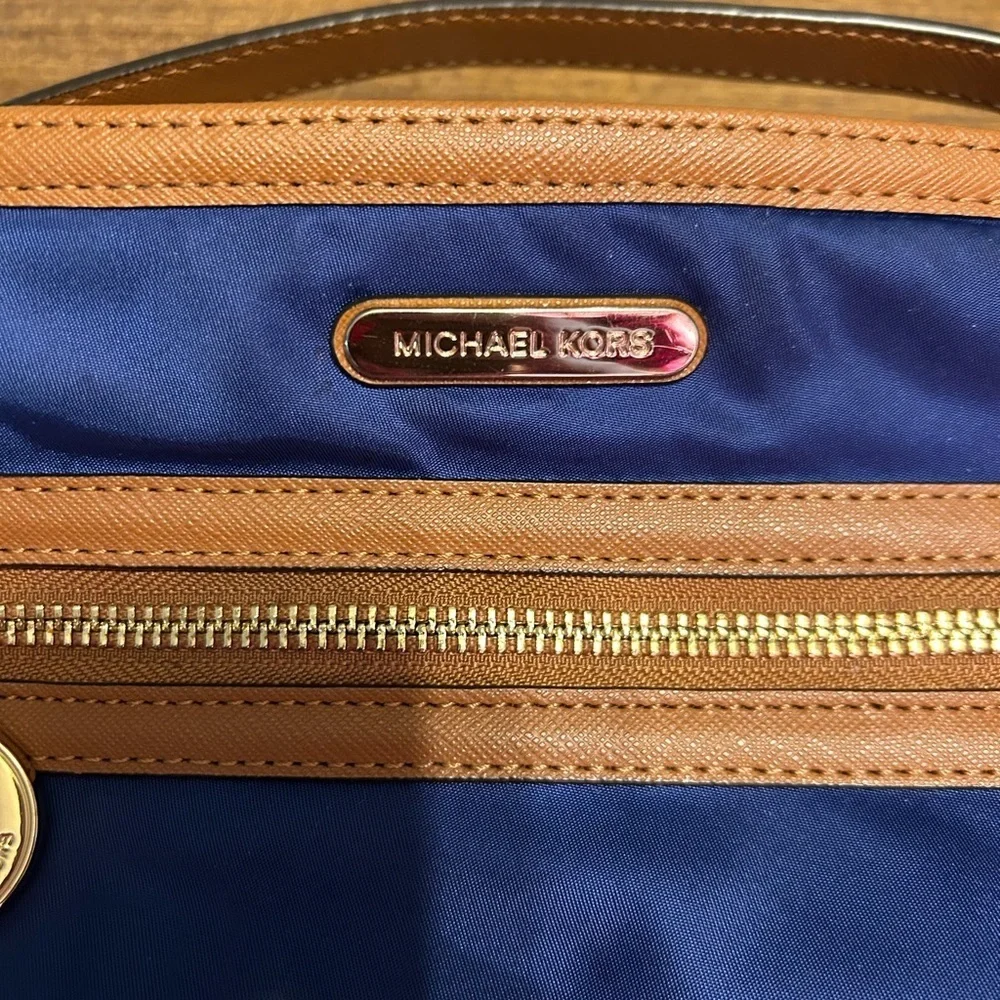 Michael Kors Kempton Blue and Tan Nylon Crossbody Purse